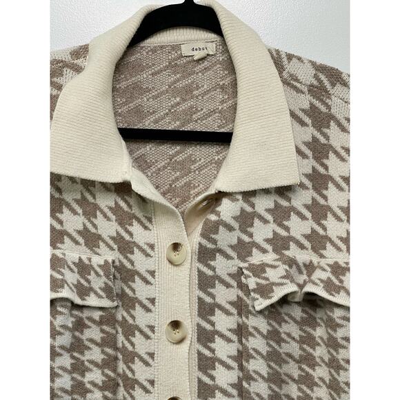 Button Up Houndstooth Cardigan Sweater Long Sleeve Pockets Cream Tan M Granny - Picture 2 of 10